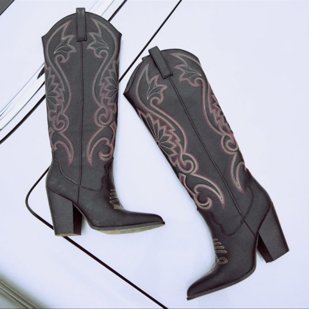 Steve Madden Lasso Women's Black Embroidered Western Cowboy Boots New